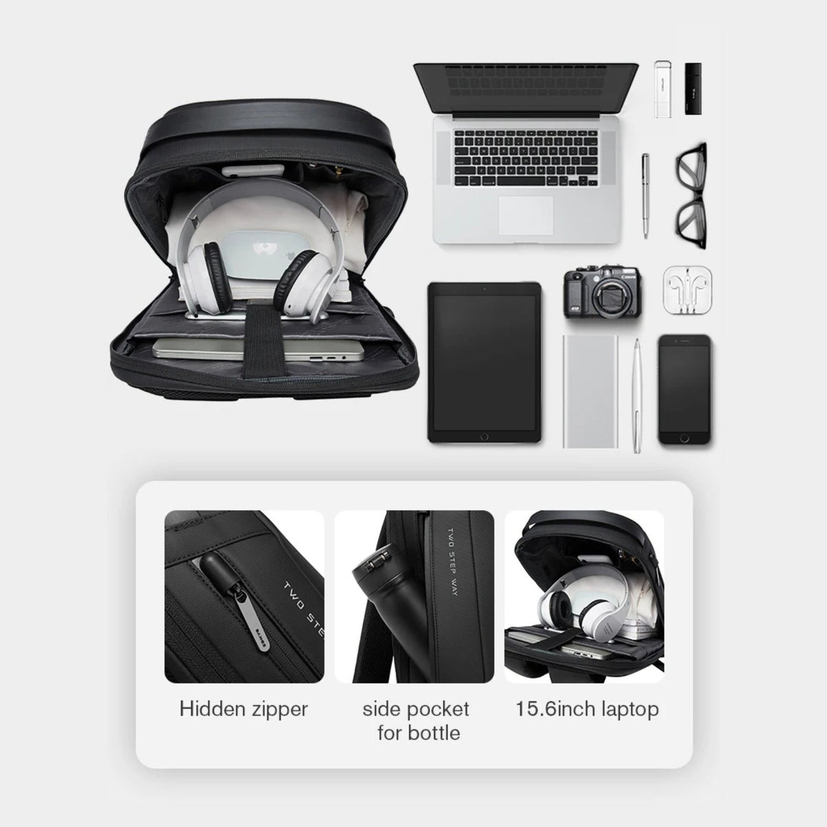 Smarter Rucksack Pro mit Gegenständen, die hineinpassen