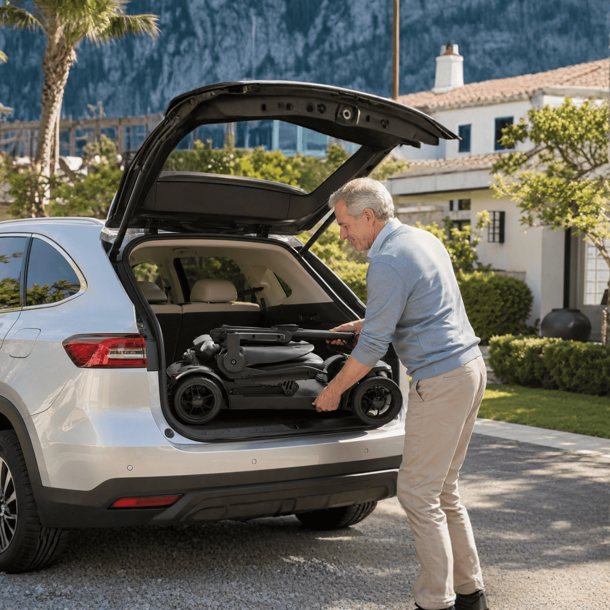 Zusammengeklapptes Sweetrich Air Traveller Elektromobil im Kofferraum