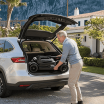 Zusammengeklapptes Sweetrich Air Traveller Elektromobil im Kofferraum