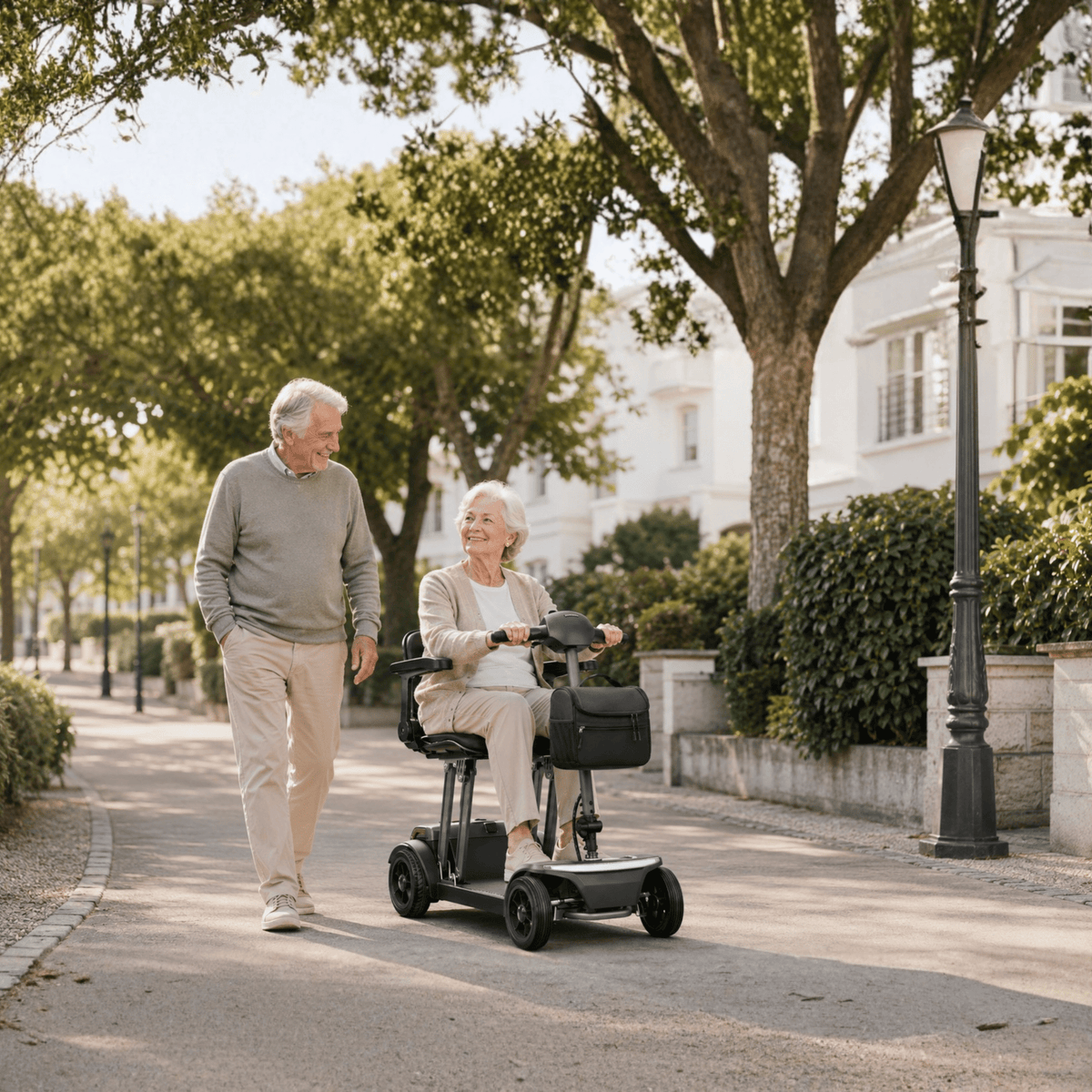 Ältere Frau sitzt auf dem Sweetrich Air Traveller Elektromobil in der Stadt
