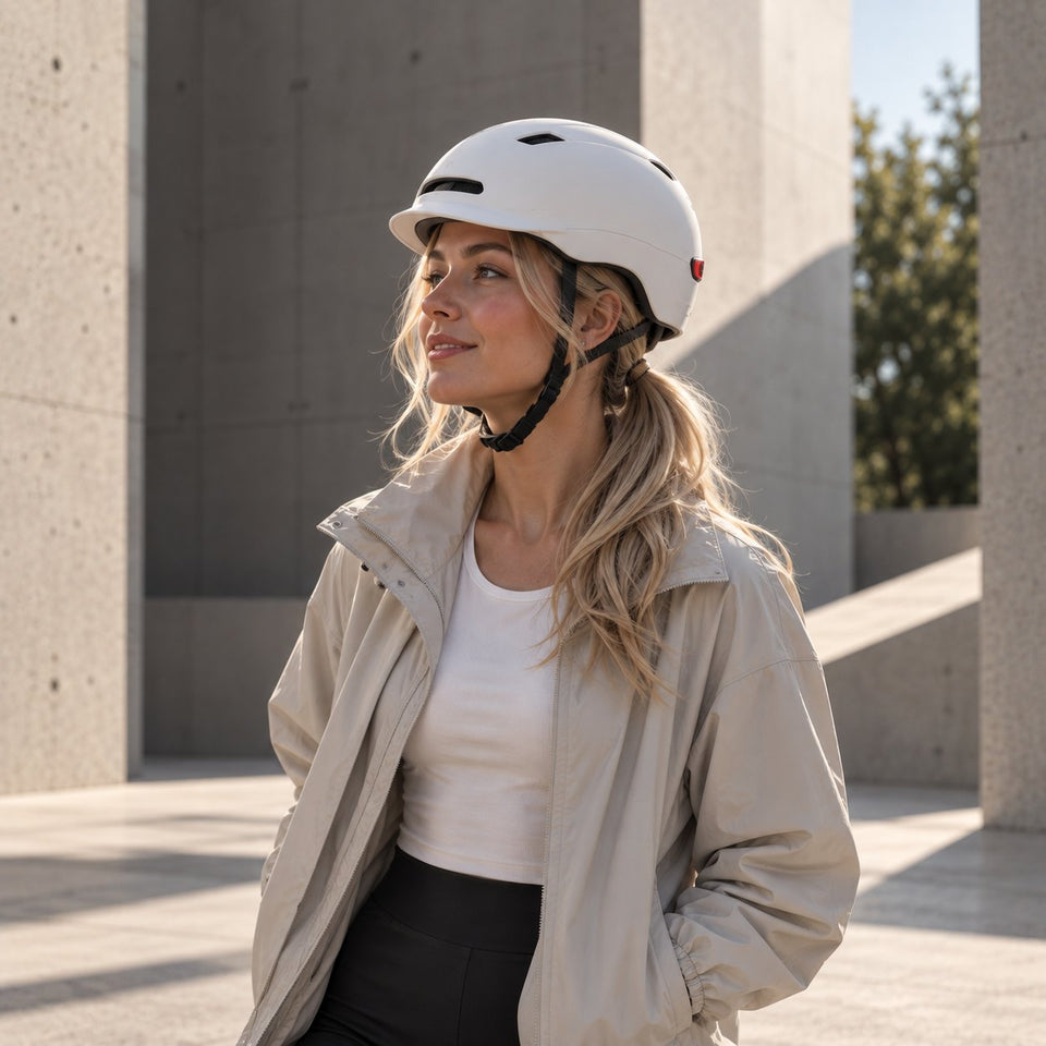 Zubehör von Wheelyshop – Fahrerin mit weißem Helm in der Stadt