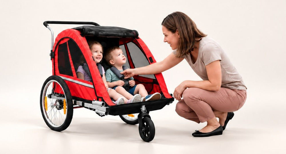 Fahrradanhänger für E-Bikes bei Wheelyshop – roter Anhänger mit zwei Kindern