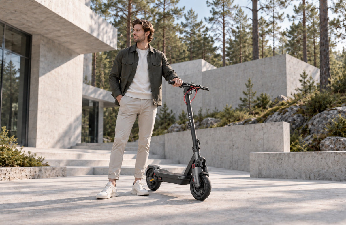 Wheelyshop – klimafreundliche Mobilität: ein Mann mit E-Scooter zwischen Kiefern vor einem modernen Betonhaus