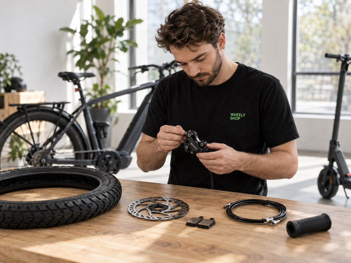 Wheelyshop-Techniker montiert einen Bremssattel an der Werkbank mit Reifen, Bremsscheibe, Bremsbelägen und Kabeln – Ersatzteile für E-Bikes und E-Scooter