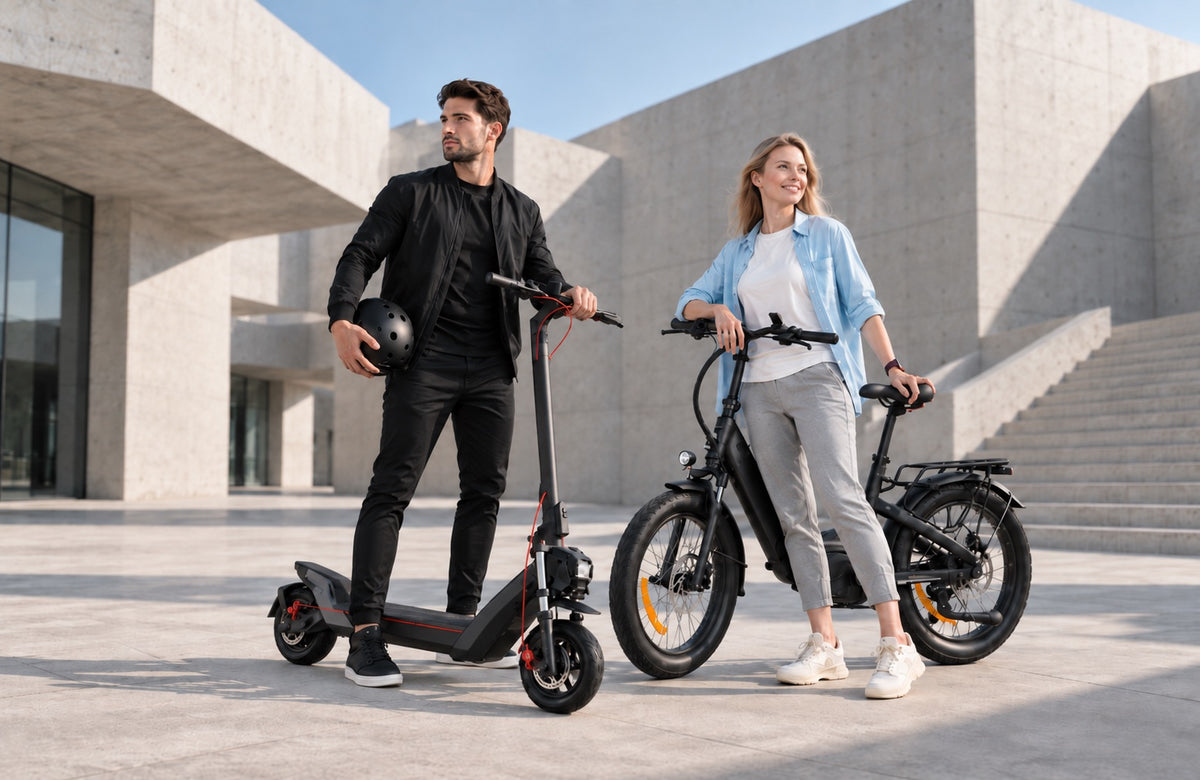 Wheelyshops Vision – elektrisch ist die Zukunft: ein Mann mit E-Scooter und eine Frau mit E-Bike vor einem modernen Gebäude