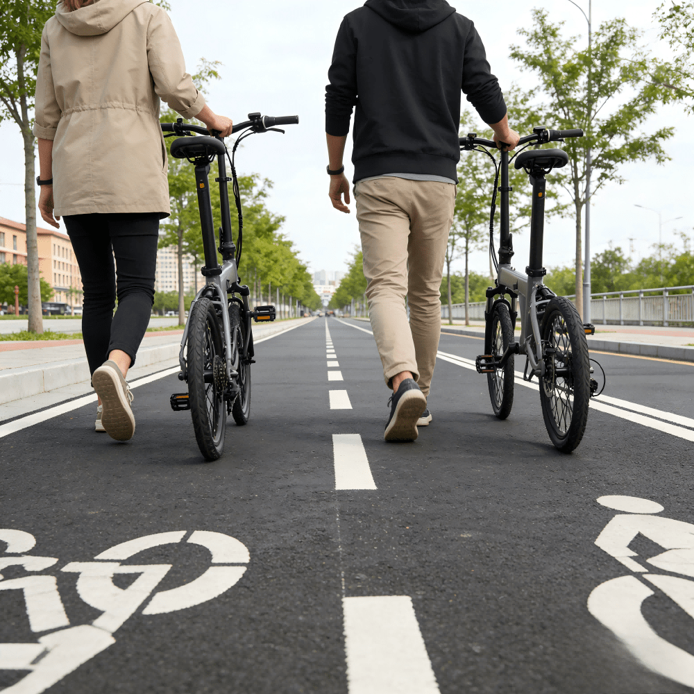 Zwei Fahrer mit dem YANGOR H19 faltbaren E-Bike in Grau auf einem Fußweg