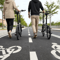 Zwei Fahrer mit dem YANGOR H19 faltbaren E-Bike in Grau auf einem Fußweg