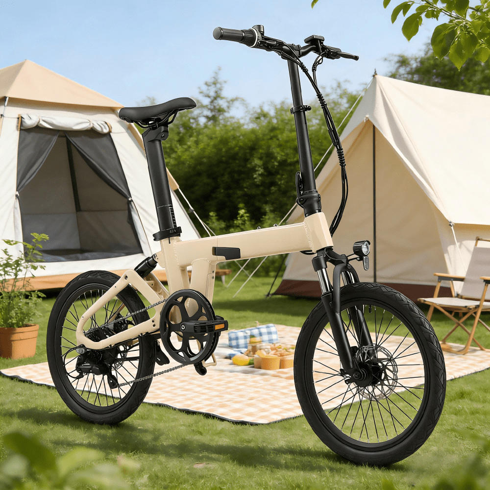 YANGOR H19 faltbares E-Bike in der Seitenansicht in Beige auf einer Wiese