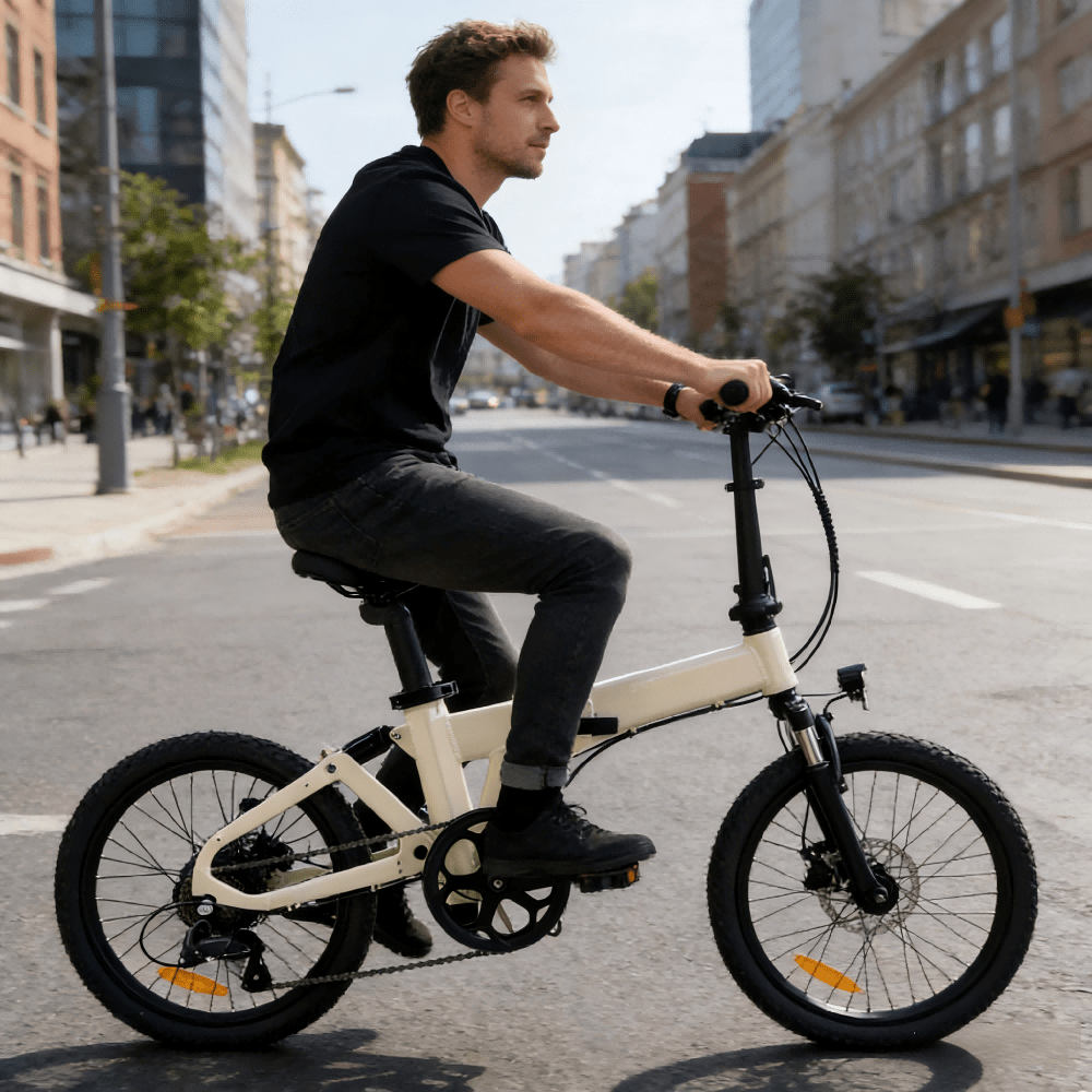 Mann auf dem YANGOR H19 faltbaren E-Bike von der Seite in Beige in der Stadt