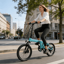 Frau auf dem YANGOR H19 faltbaren E-Bike von vorne in der Stadt in Hellblau