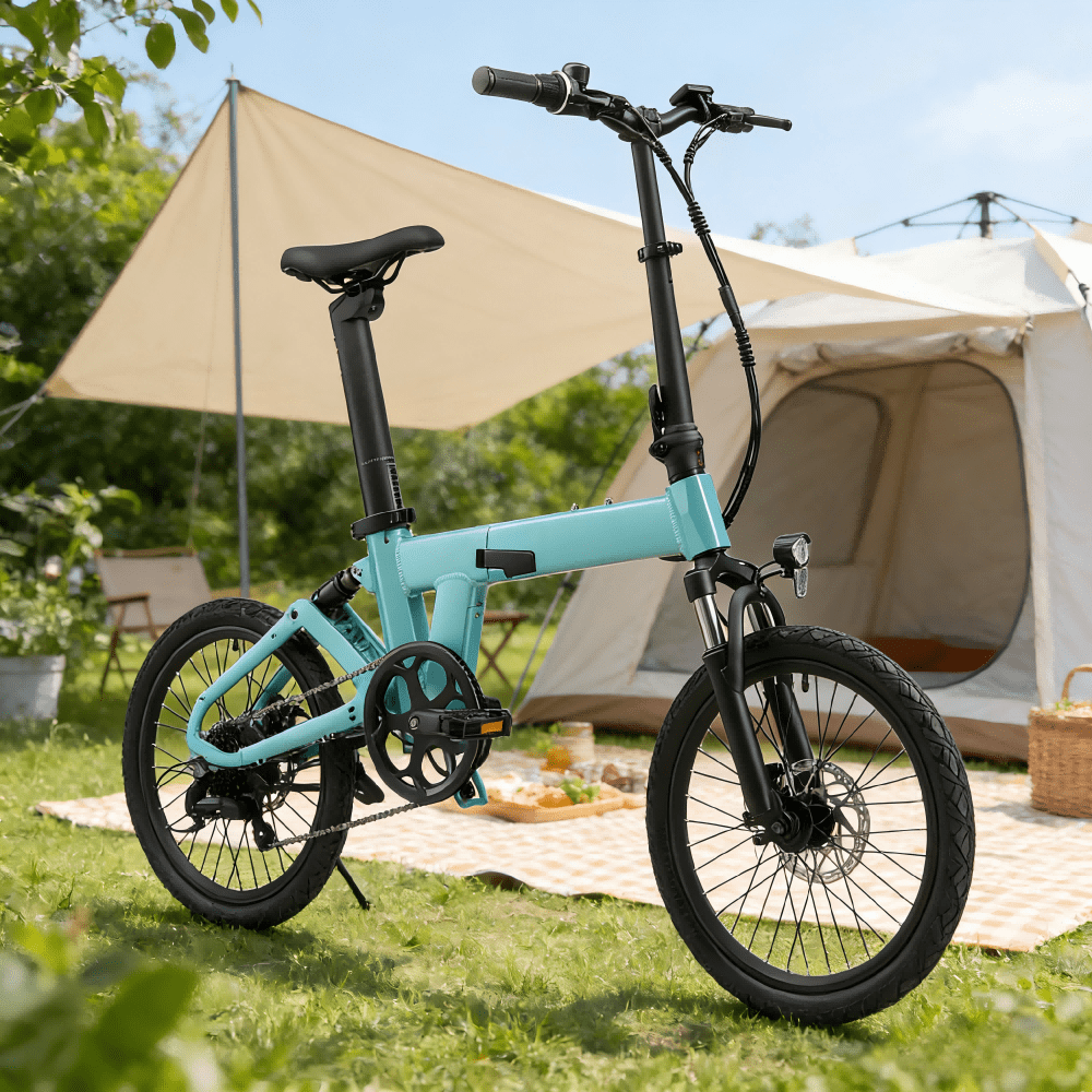YANGOR H19 faltbares E-Bike in der Seitenansicht auf einer Wiese in Hellblau