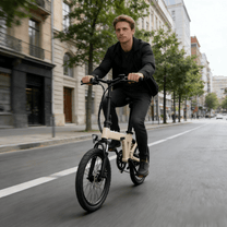 Mann auf dem YANGOR H19 faltbaren E-Bike in Beige auf einer Straße