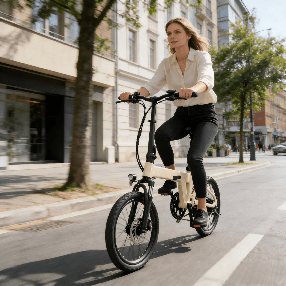 Frau auf dem YANGOR H19 faltbaren E-Bike in Beige in der Stadt