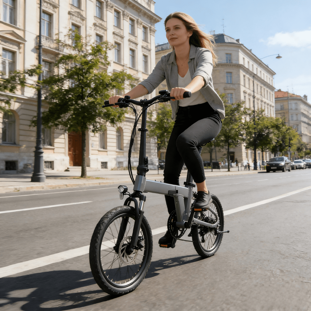 Frau auf dem YANGOR H19 faltbaren E-Bike in Grau in der Stadt
