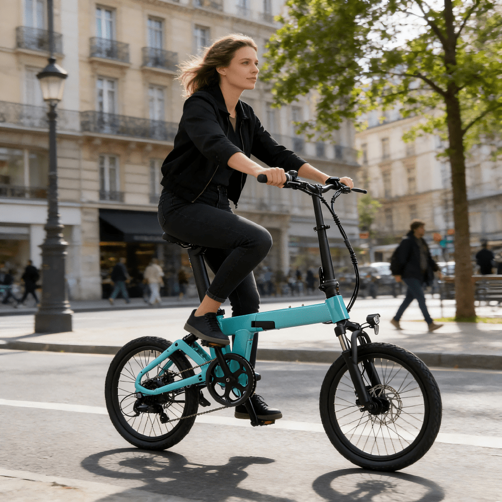 Frau auf dem YANGOR H19 faltbaren E-Bike auf einer Straße in Hellblau