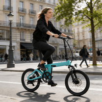 Frau auf dem YANGOR H19 faltbaren E-Bike auf einer Straße in Hellblau