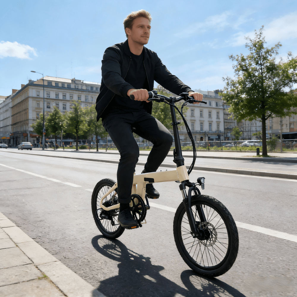 Mann auf dem YANGOR H19 faltbaren E-Bike in Beige in der Stadt