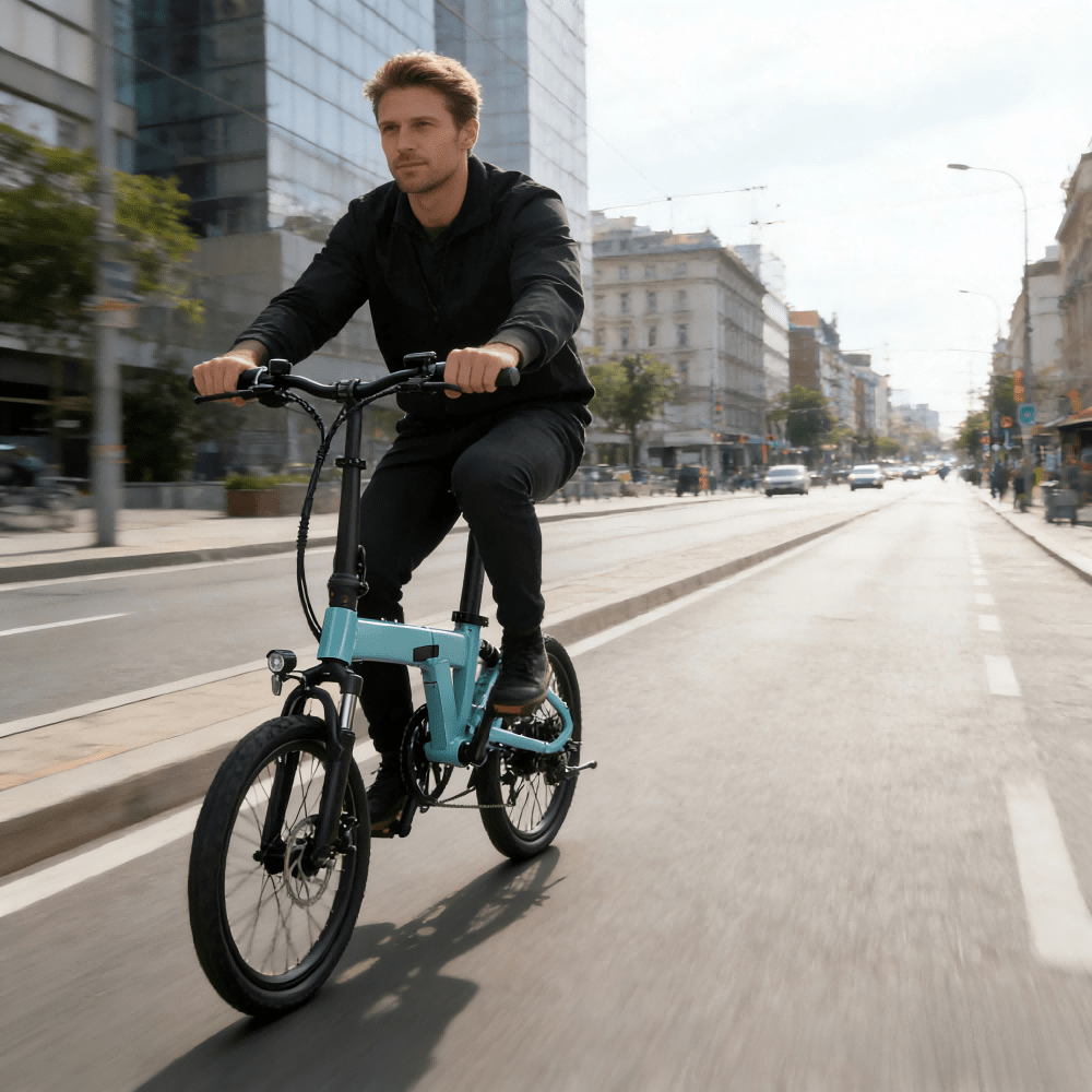 Mann auf dem YANGOR H19 faltbaren E-Bike von vorne in der Stadt in Hellblau
