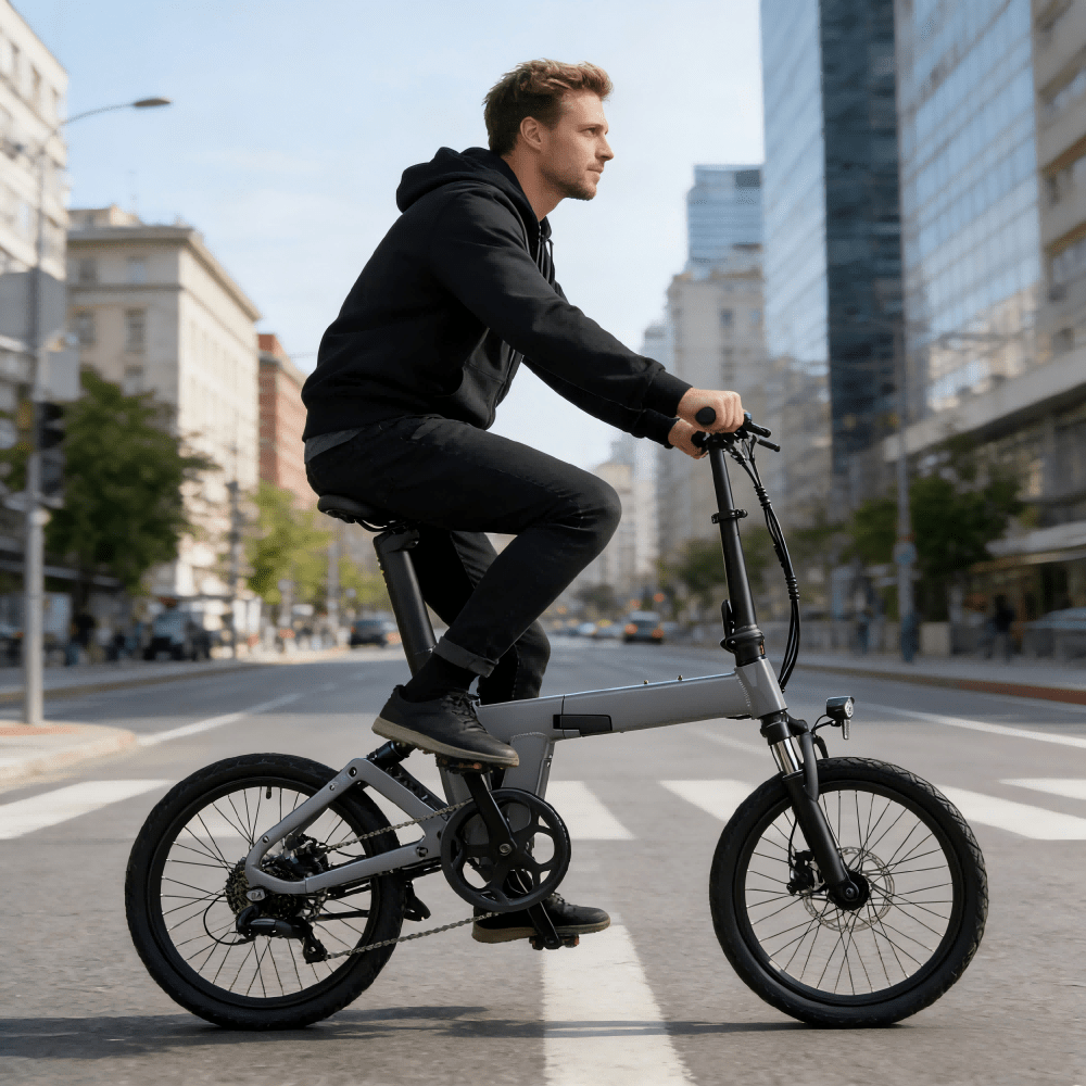 Mann auf dem YANGOR H19 faltbaren E-Bike von vorne in Grau in der Stadt