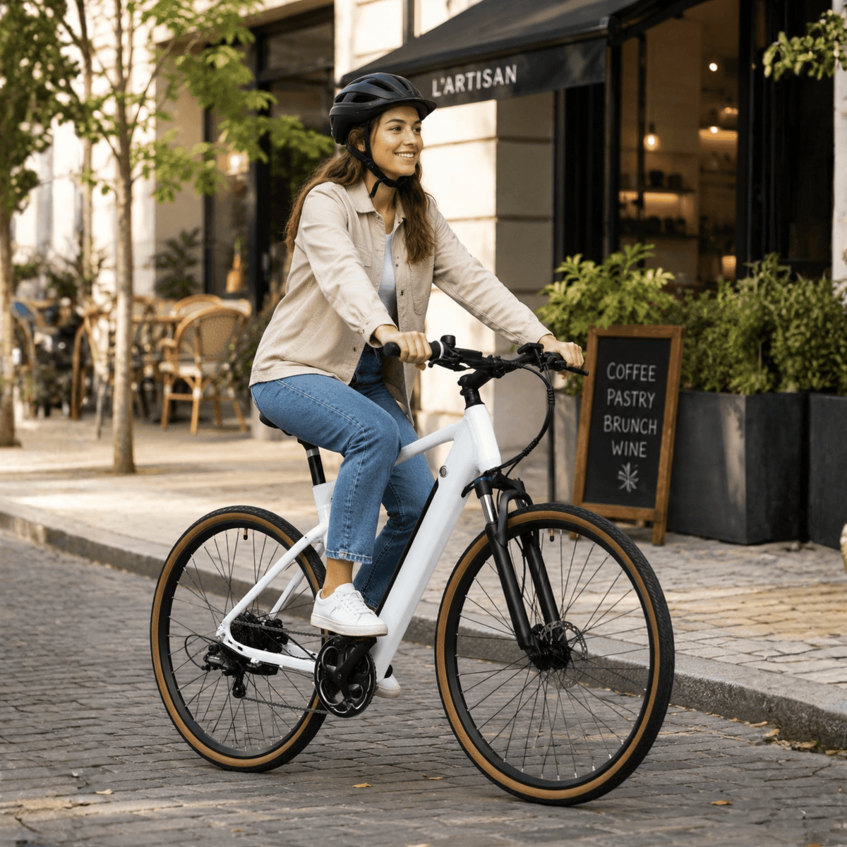 Frau auf dem YANGOR H700 E-Bike in Weiß in der Stadt