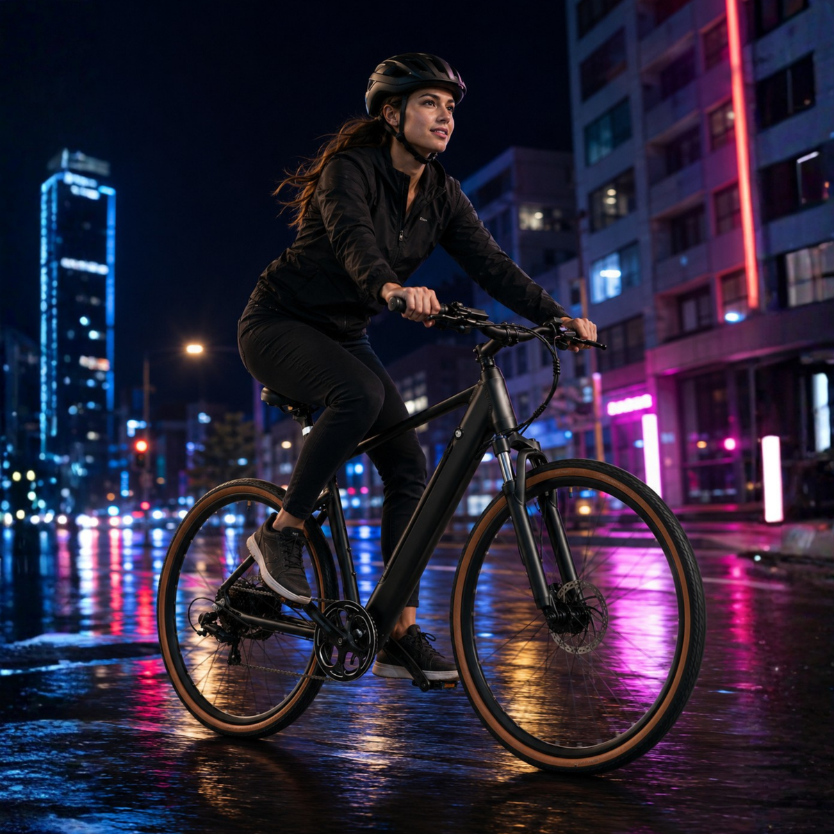 Frau auf dem YANGOR H700 E-Bike in Schwarz in der Stadt in abendlicher Umgebung