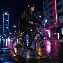 Frau auf dem YANGOR H700 E-Bike in Schwarz in der Stadt in abendlicher Umgebung