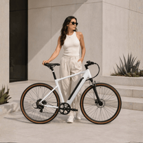 Frau steht neben dem YANGOR H700 E-Bike in Weiß