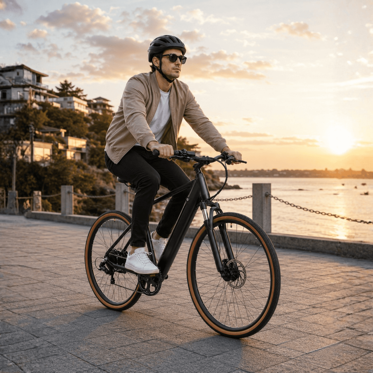 Mann auf dem YANGOR H700 E-Bike in Schwarz bei Sonnenuntergang