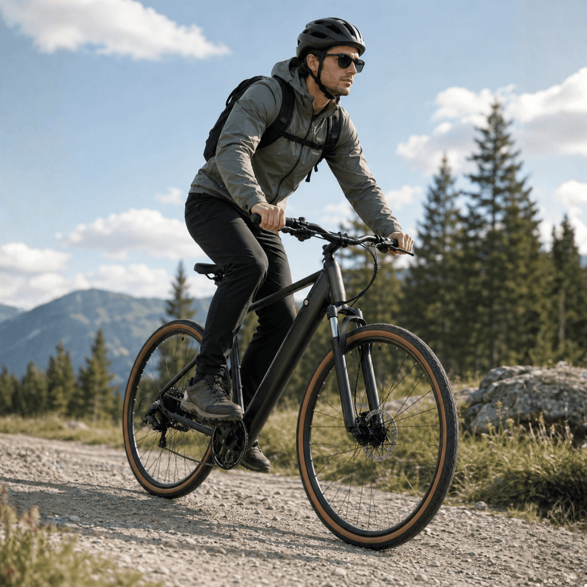 Mann auf dem YANGOR H700 E-Bike in Schwarz in den Bergen
